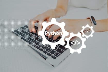 Python programming code language learning concept with person and laptop