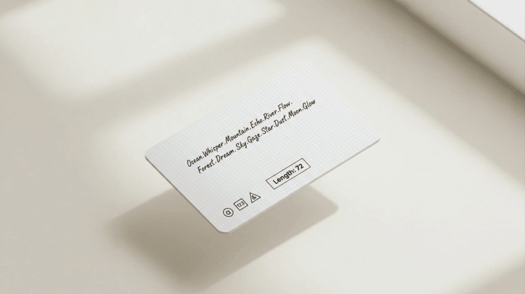 phrase de passe longue affichée sur carte, avec compteur de caractères