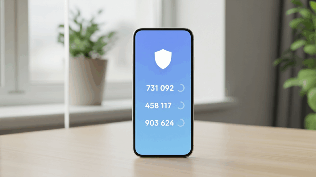 smartphone affichant une app d’authentification et un bouclier