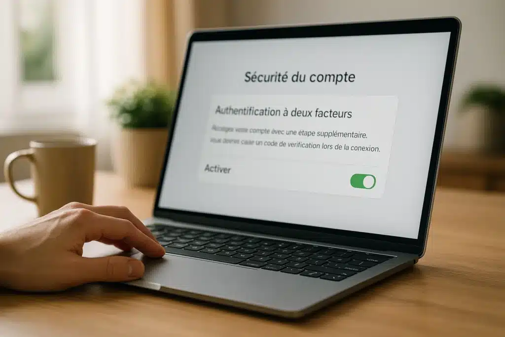 Main sur la souris devant un ordinateur portable affichant une page générique “Sécurité du compte – Authentification à deux facteurs”