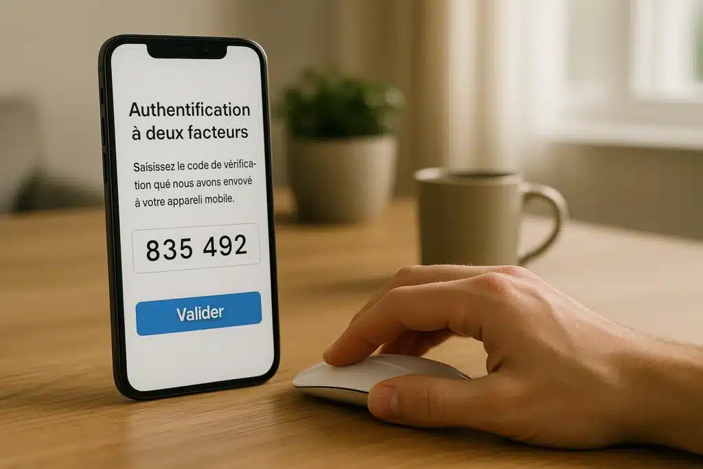 Gros plan sur un smartphone affichant un code à 6 chiffres et un compte à rebours