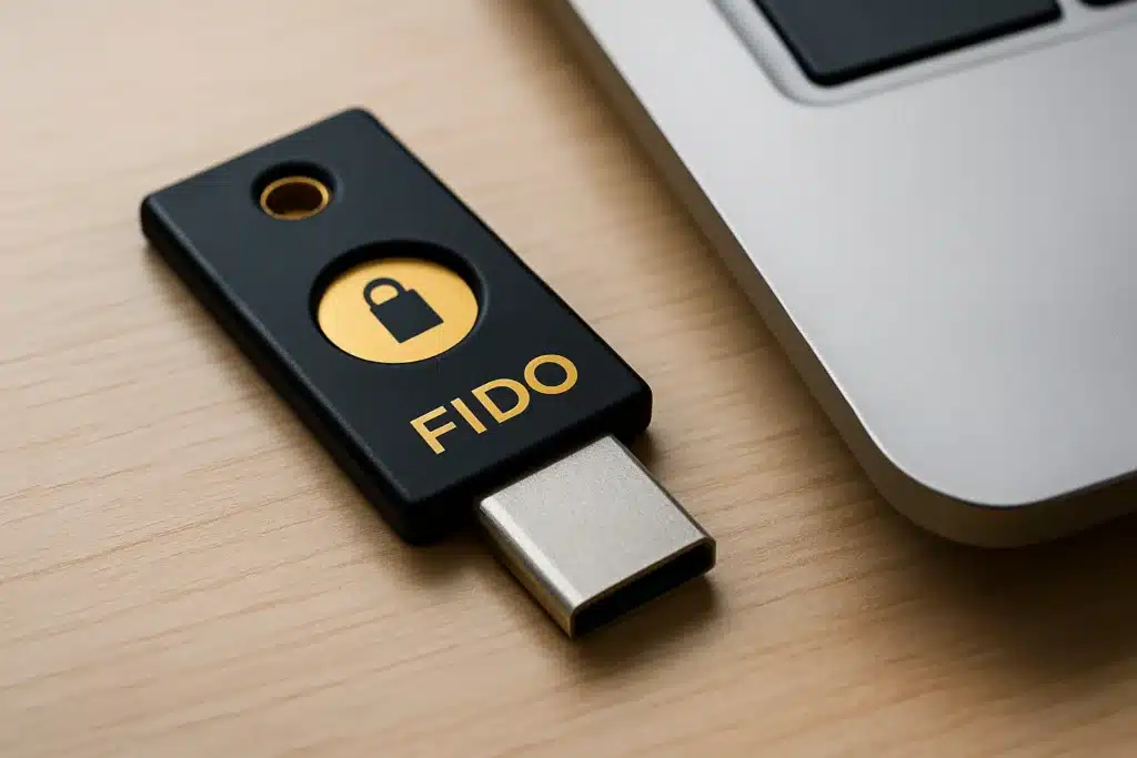 Clé de sécurité FIDO posée près d’un port USB d’un ordinateur portable