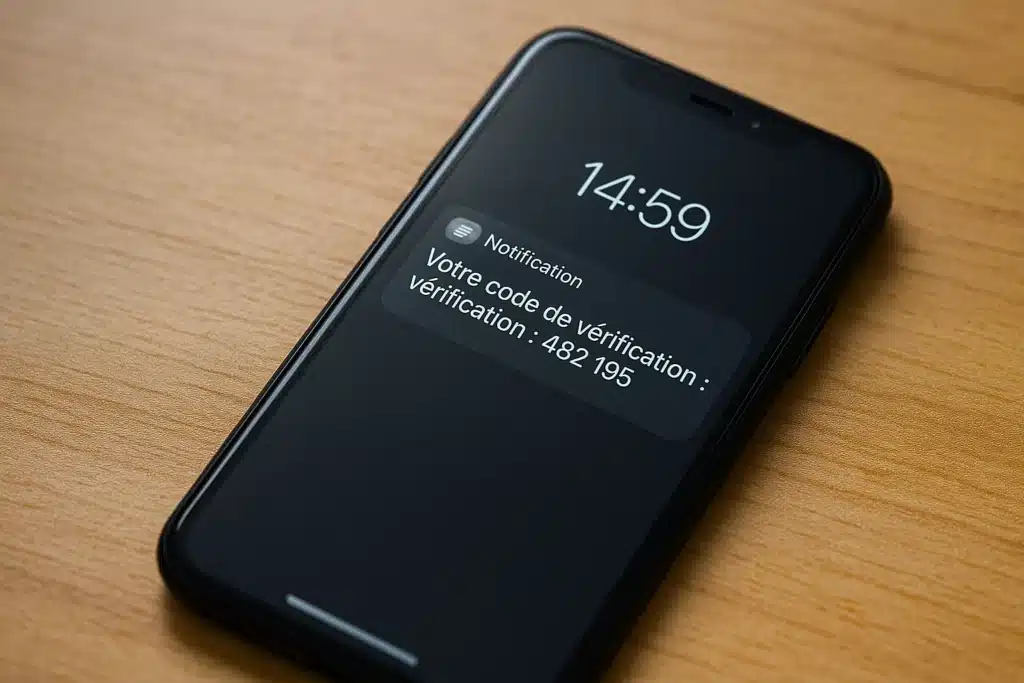 Smartphone posé sur la table affichant une notification “Votre code de vérification : 482 195”