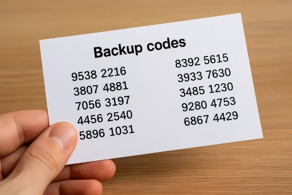 Feuille imprimée “Codes de secours” partiellement visible, rangée dans une petite boîte métallique