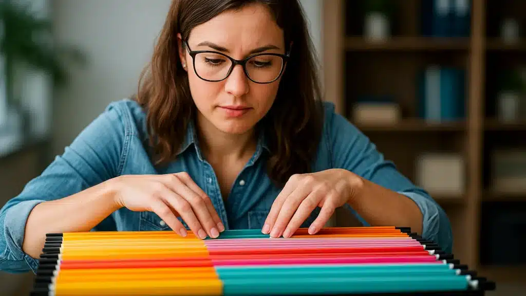 Dossiers colorés étiquetés sur étagère