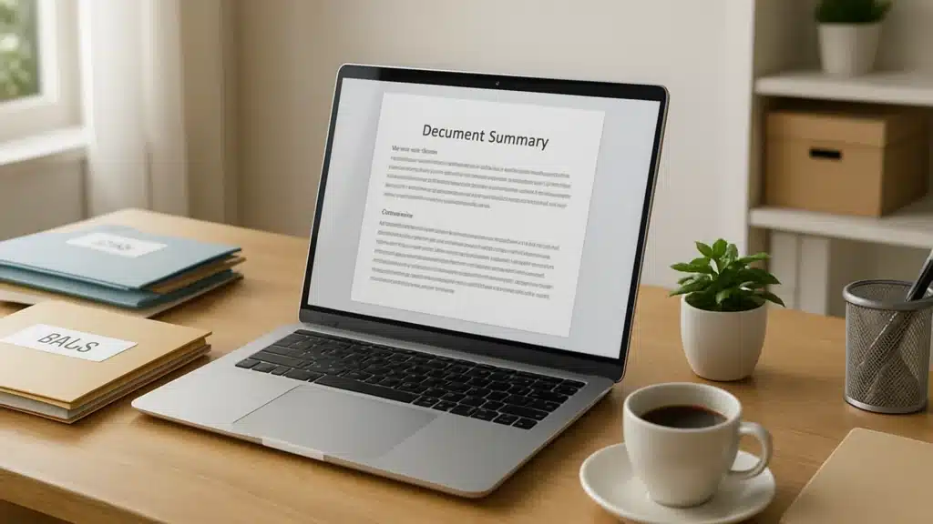 Bureau épuré avec ordinateur affichant un résumé IA