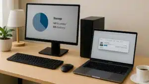 bureau épuré avec un PC Windows et un MacBook allumés, lumière naturelle