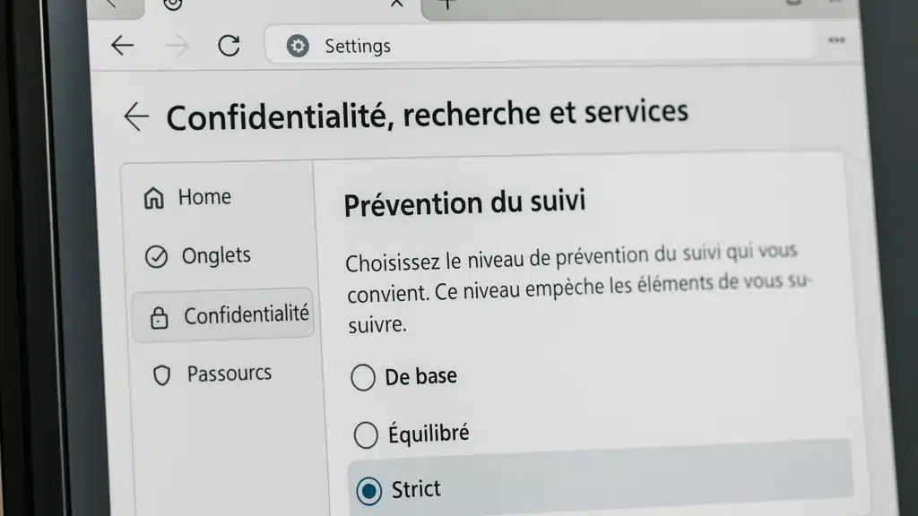 Page “Confidentialité, recherche et services” avec “Prévention du suivi : Strict”