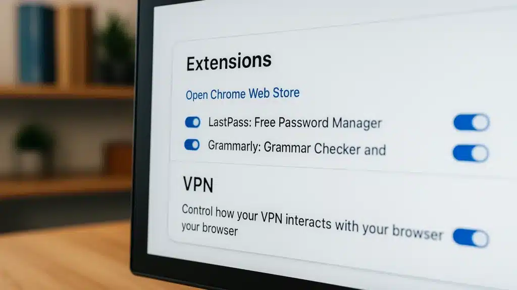 Icônes génériques d’extensions et fenêtre VPN connectée (sans marques)