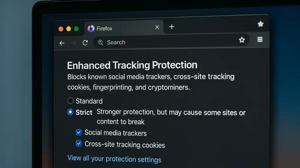 Menu de protection contre le pistage activé